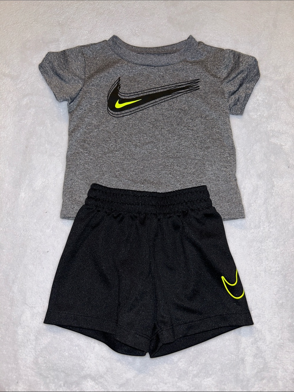 Nike Kids Boy Grey Tee and Black Shorts Set with Neon Yellow Swoosh